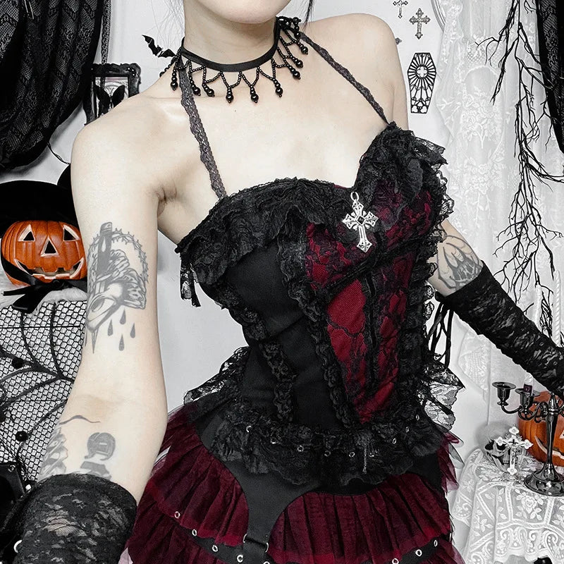 Unholy Lace Halter - Black Goth Corset Top With Cross And Red Velvet