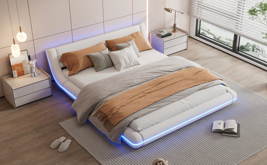 LED Floor Bed 160x200cm – RGB Remote, PU, White