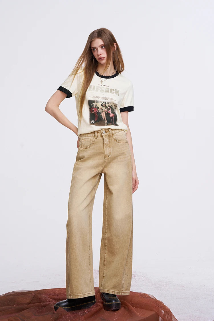 ELFSACK Women's Vintage Ringer T-Shirt with Photo Graphic Print, Retro Contrast Tee for Summer, Chic Aesthetic Short Sleeve Top