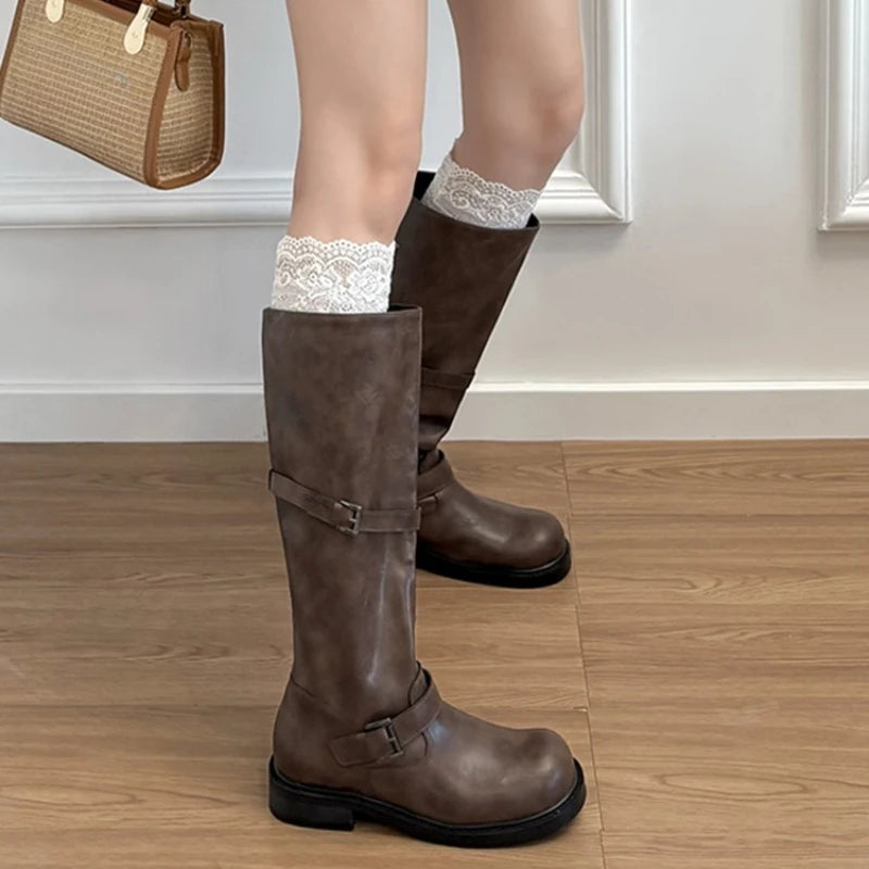 Belt Buckle Knee-High Slip-On Boots
