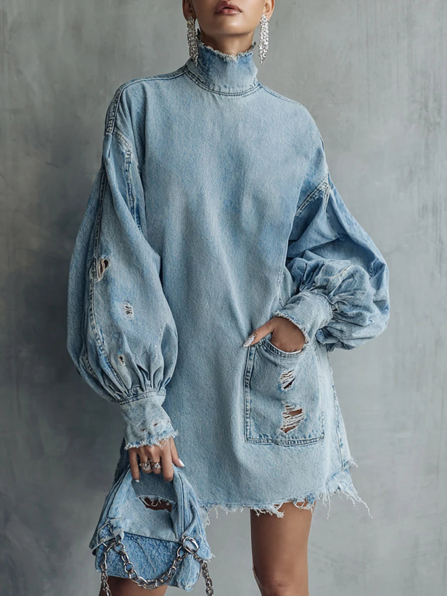 Fashion Retro Denim Mini Dress High Neck Lantern Sleeve Pockets Hole Dress High Street Loose Blue Spring Autumn Party Dress