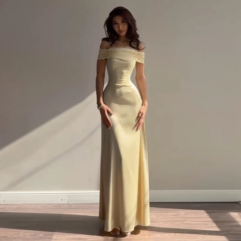 Retro Off-the-shoulder Panel Design Back Bandage Yellow Satin A-line Skirt Luxury Slim Folds Long Dress Party Prom Vestidos Robe
