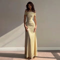 Retro Off-the-shoulder Panel Design Back Bandage Yellow Satin A-line Skirt Luxury Slim Folds Long Dress Party Prom Vestidos Robe