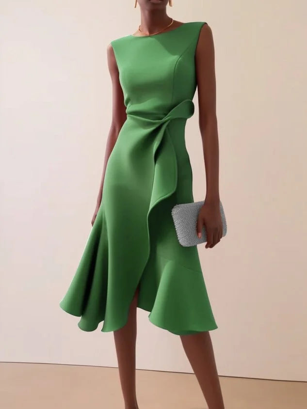 Women Sleeveless Solid Color Round Neck Midi Dress Elegant Slim Fit Formal Party Outfit Fashion 2025 New Arrival