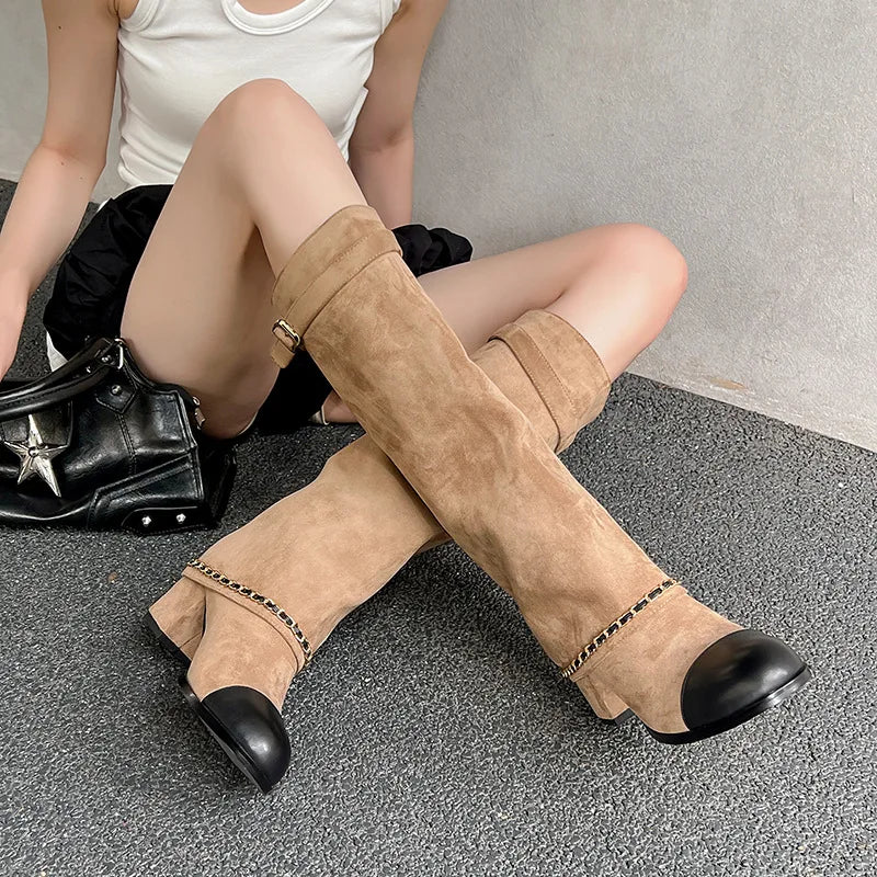 Suede Knee-High Boots – Turned-Over Edge Chunky Heel