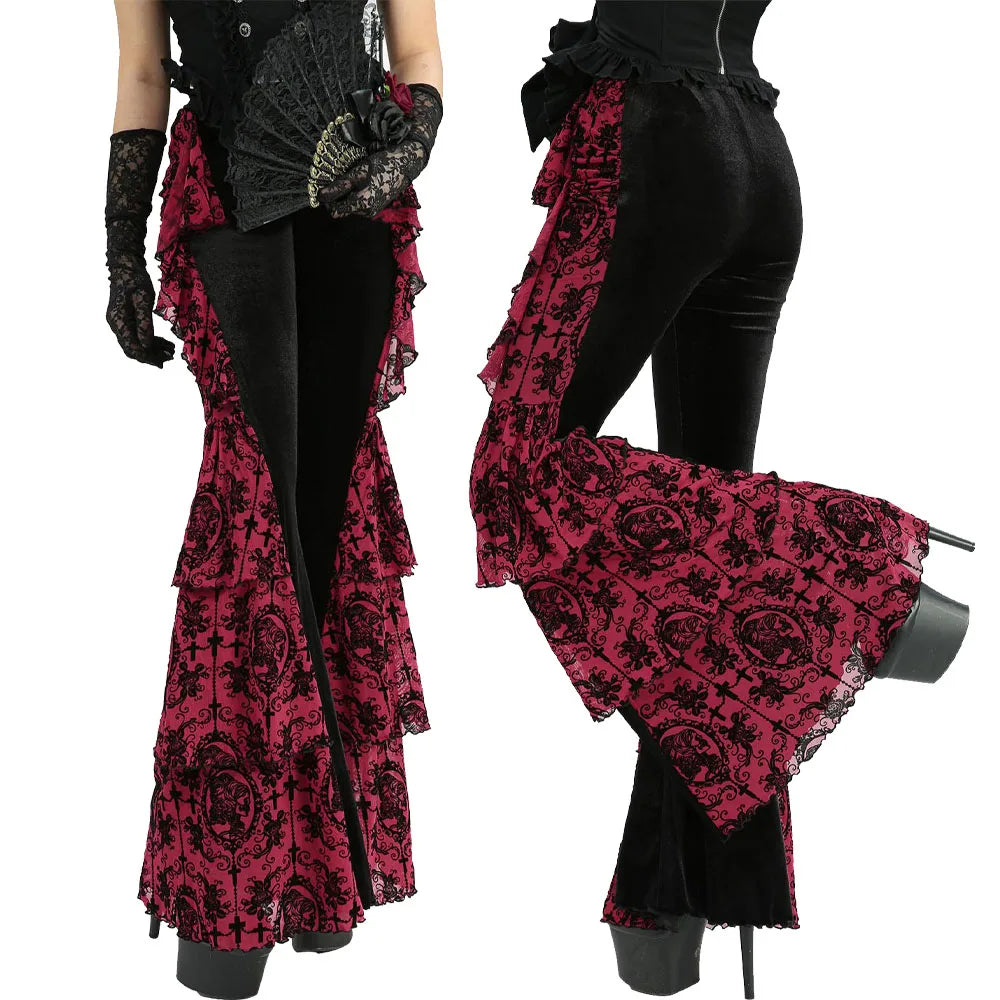 S-3XL Gothic Women Flare Pants Flower Cross Flocking Ruffles Patchwork Velvet Bottoms 2026 New Full Trousers
