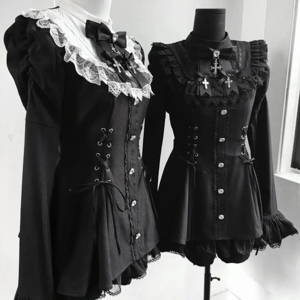 Y2k Aesthetic Lolita Style Bow Dress Shorts Set Japanese Women Gothic Lace Flare Sleeve Button Shirt Dress Punk Party Mini Dress
