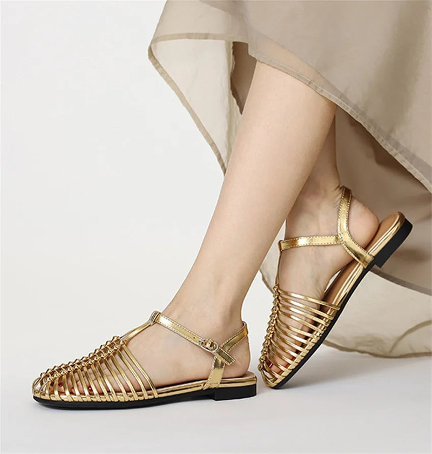 Band Flat Sandals Women Summer Round Toe Ankle Buckle Hollow Roman Sandal Plus Size Beach Shoe