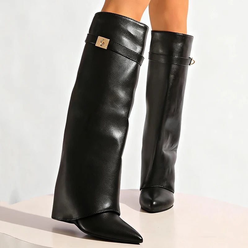 Metal Decor Wedge Knee-High Boots
