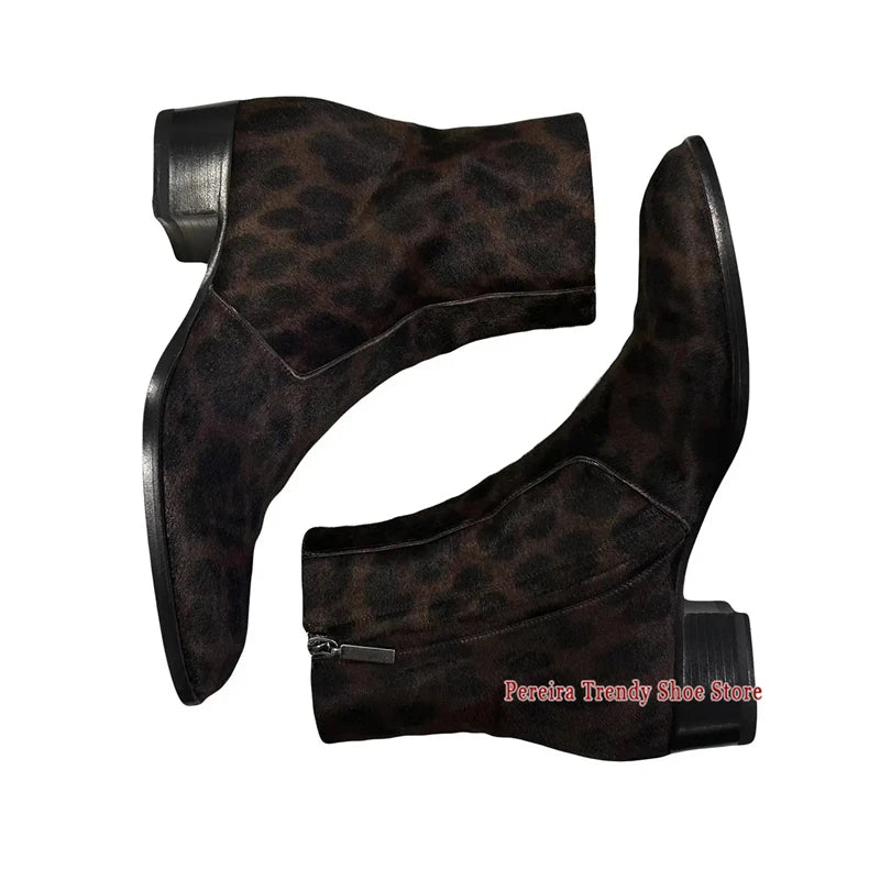 LEOPARD CHELSEA BOOTS - Men's Handmade Genuine Leather Side Zipper Mid Heel - Trendy & Bold