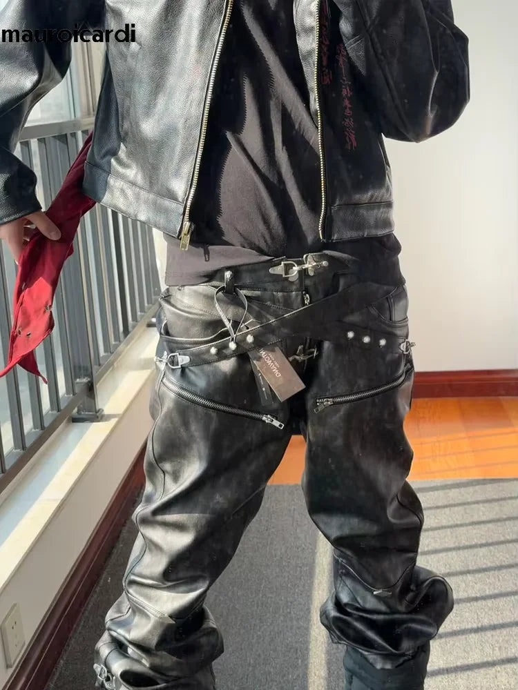 DARK MATTER - Men's Distressed Washed Faux Leather Pants - Punk Straight Trousers