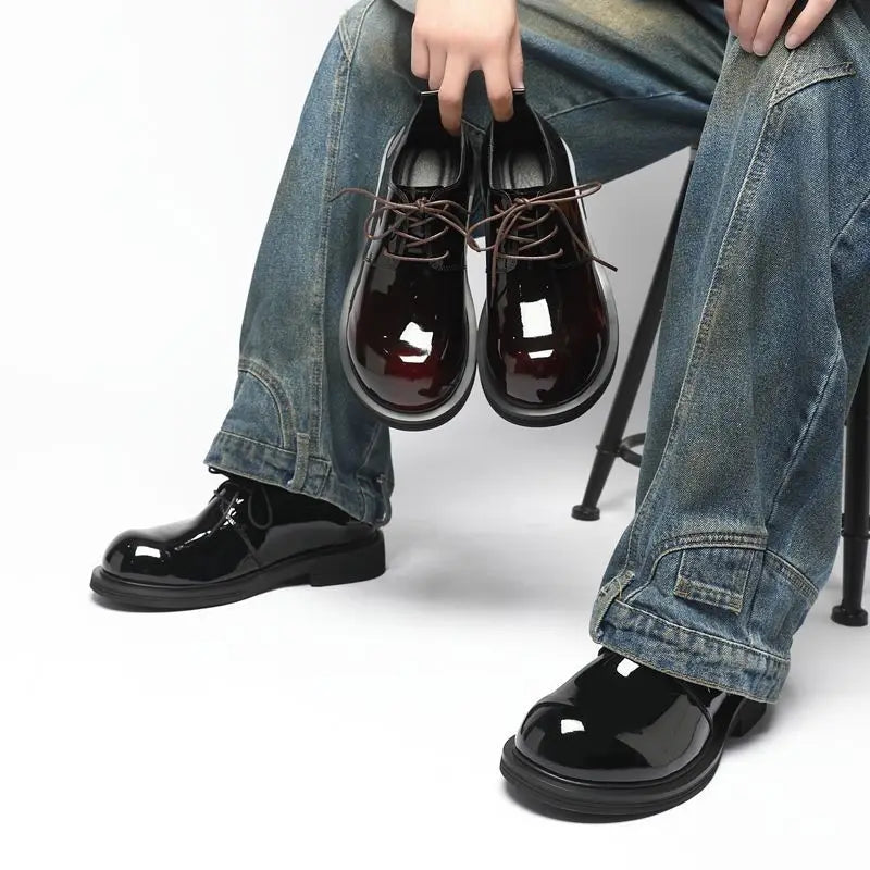 GLOSS BOSS - Men's Patent Leather Derby Shoes - Thick-Sole Lace-Up Casual Dress Shoes in Black & Burgundy