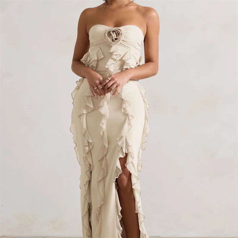 Mint green strapless 3D floral slit evening dress, fitted bodycon dress for dates, vacations, and parties
