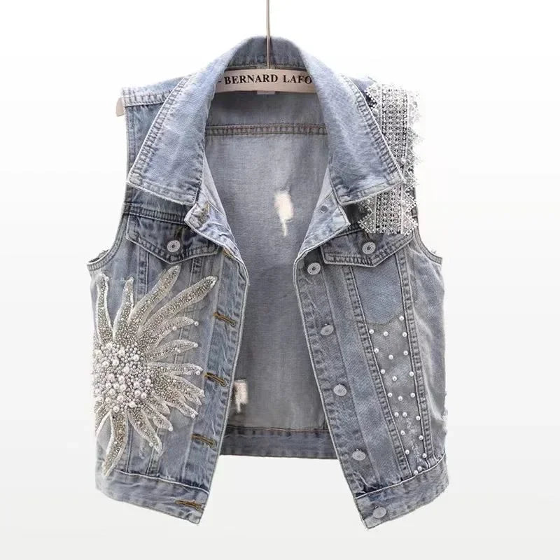 Lace Beaded Denim Vest – Loose Vintage Waistcoat