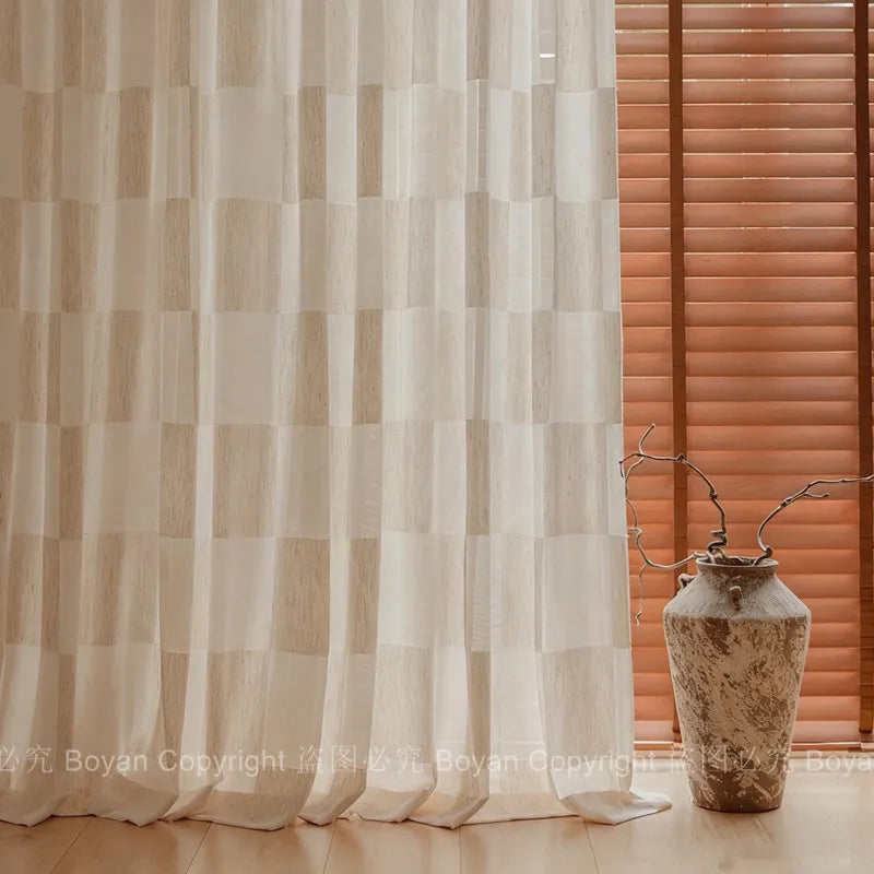 PLAID CHECK SHEER CURTAINS - Linen-Look Voile Tulle Panel - Vintage Grid & Airy