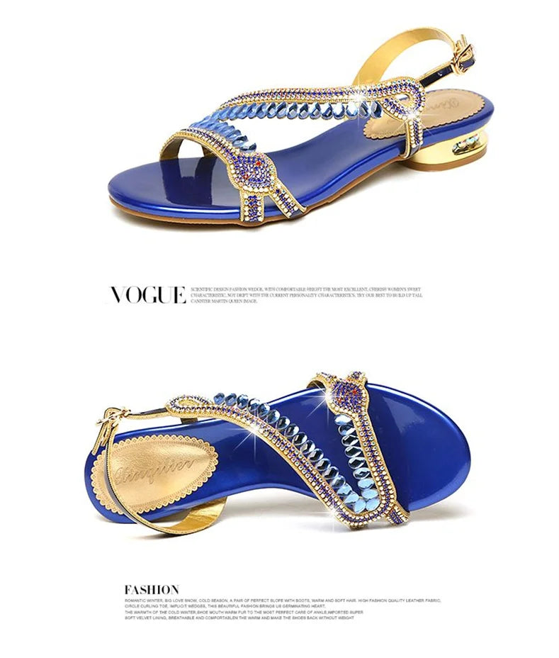 High-grade Rhinestones Fashion New Women's Summer Young Elegant Sandals Thick Heel Leisure Flat Bottomed Beach Sandals