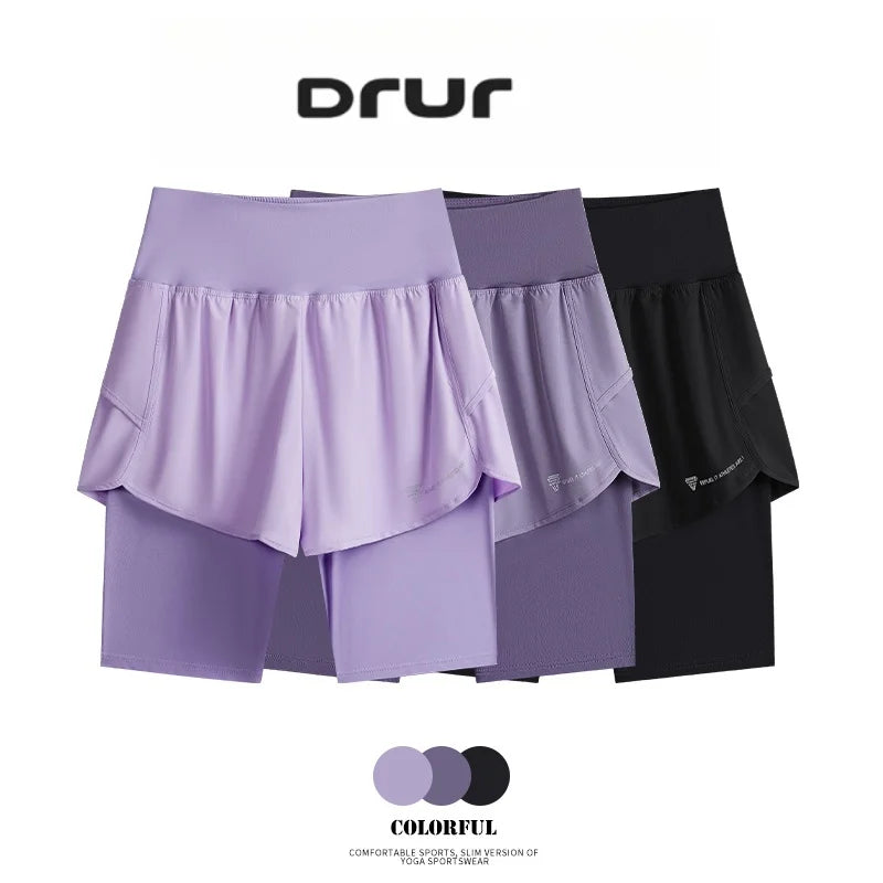 DRUR Yoga Shorts Women Summer Fake Two Piece High Waist Loose Gym Shorts With Pocket Ladies Lightweight Fitness Running Clothes