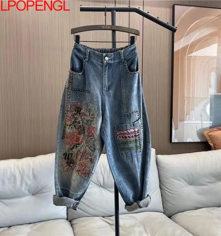 Elastic Waist Hot Diamond Jeans For Women 2026 Spring And Summer New Embroidered Denim Straight Loose Harem Daddy Pants