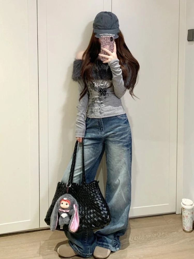 Subculture New Off Shoulder Slim T-Shirts Women Aesthetic Hot Girl Print Fur Collar Tees Female Design Y2k Gothic Base Shirt