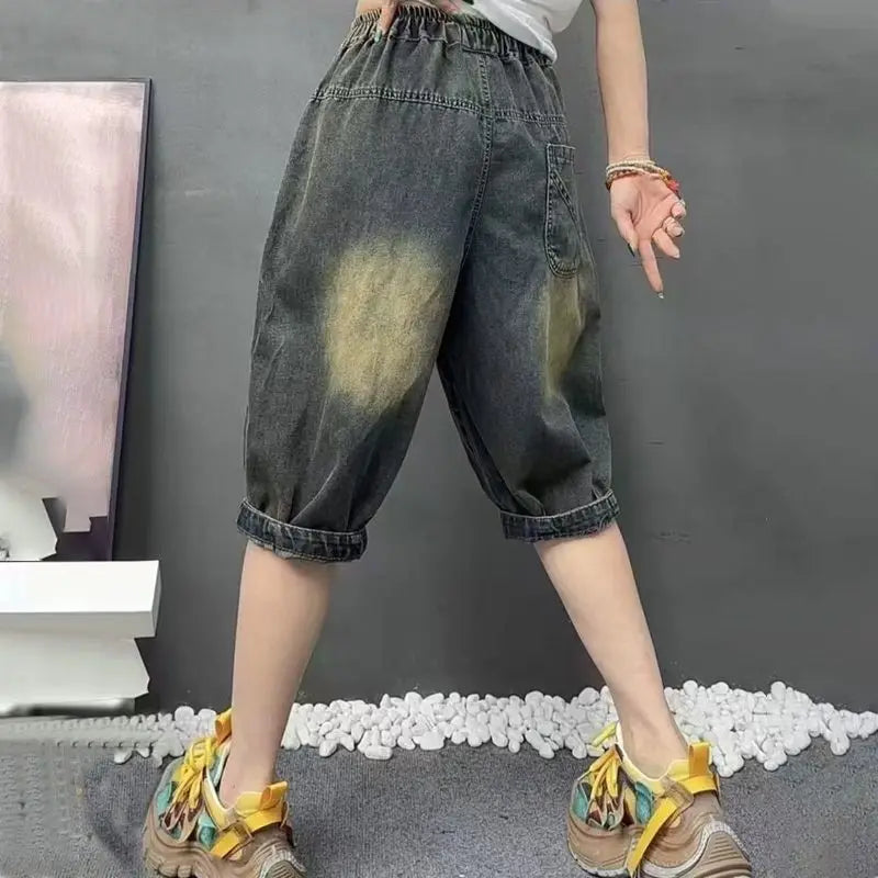Letter Pocket Embroidered Denim Culottes Women's Summer Loose Large Size Straight Leg Drawstring Five Minute Mid Length Pants