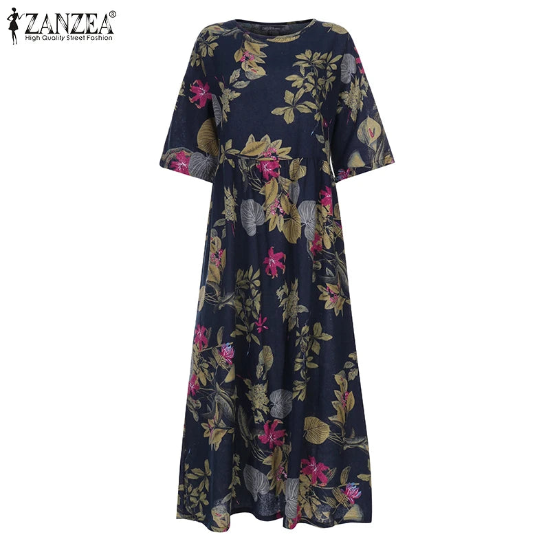 Women's Summer Short Sleeve Sundress ZANZEA Woman Floral Printed Dress Bohemian Elegant Casual Oversized  Holiday Long Dresses