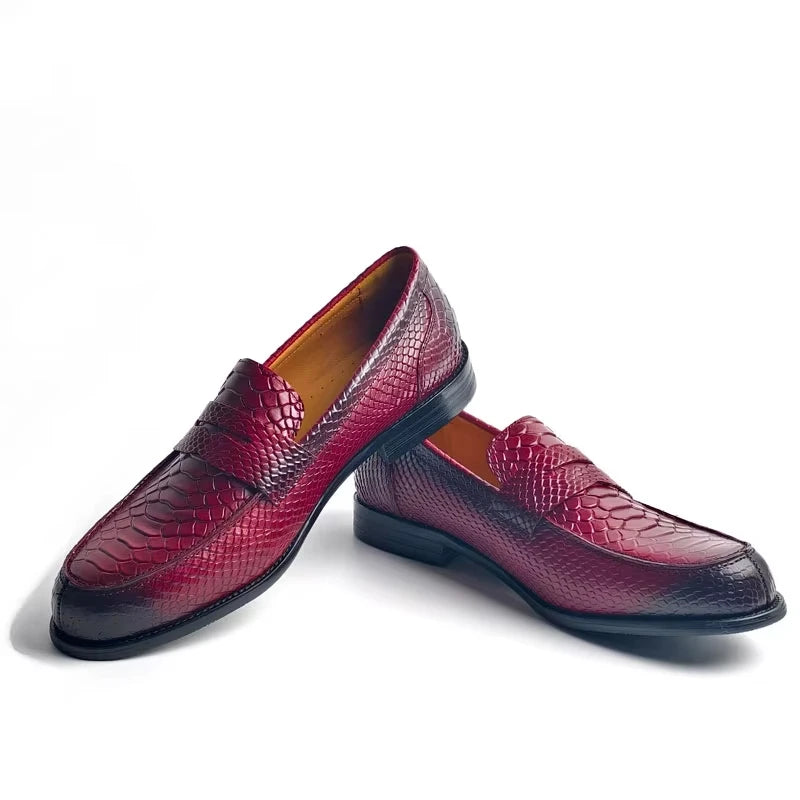 Men's Snake Print Penny Loafers - Genuine Leather Slip-On Pointed Toe Driving Shoes