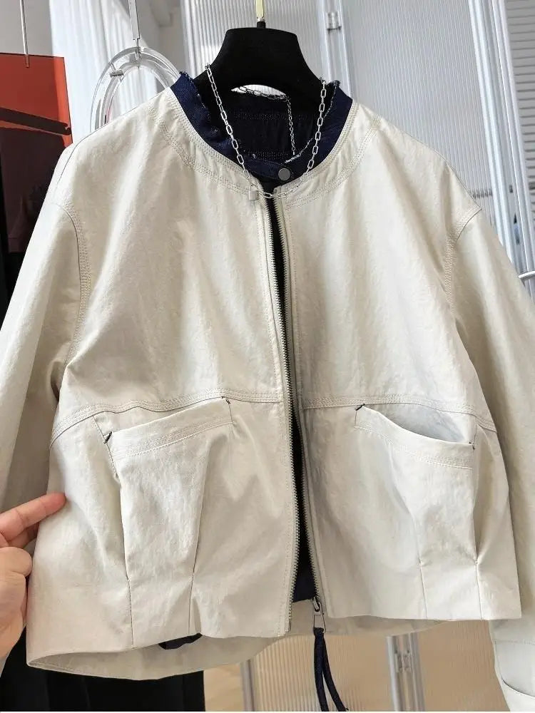 Ladies Short Jacket 2026 Spring Autumn Temperament Round Neck Lady Outerwear Casual Elegant Women's Be All-match Coat