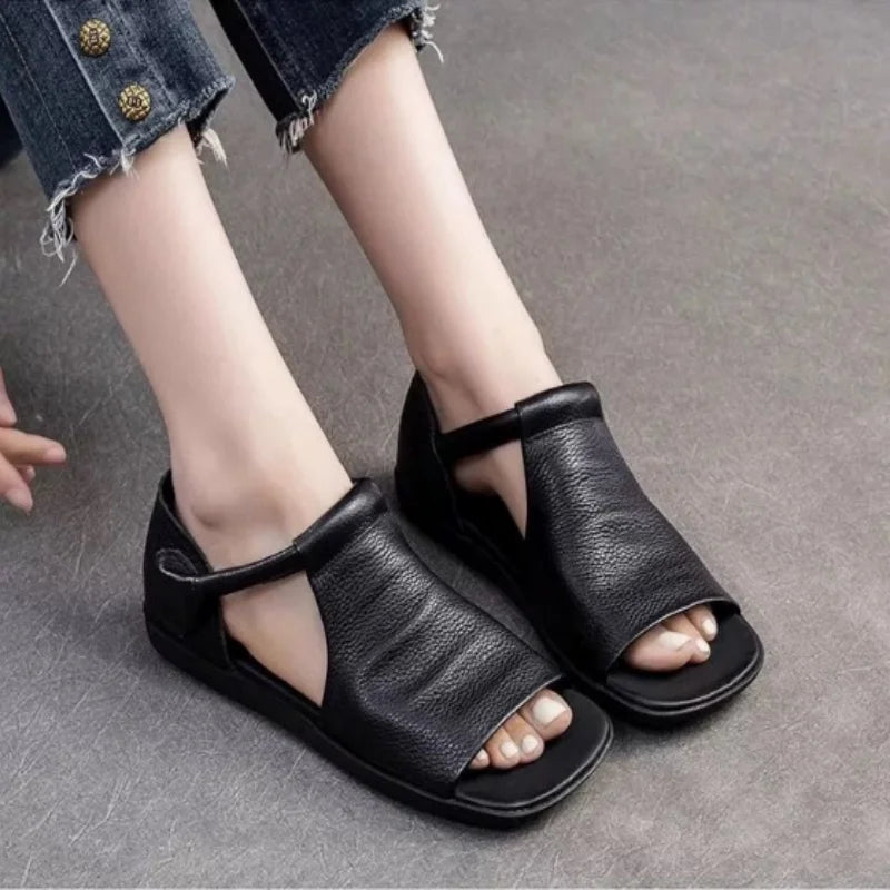 Women's Hook & Loop Flat Sandals Summer - Open-Toe Casual Beach Shoes, Comfortable Soft Sole Walking Sandals for Daily & Vacation