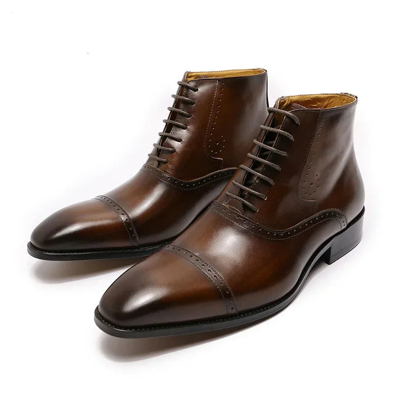 Men's Genuine Leather Oxford Ankle Boots - Brogue Cap Toe Lace-Up Dress Boots