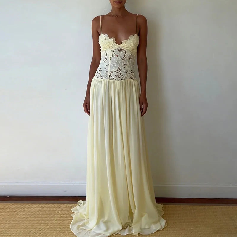 Elegant Pure Color Chiffon Dress Sexy Lace Spliced Mesh Pleated Evening Dress Fashion Hollow Out Sleeveless Halter Banquet Dress