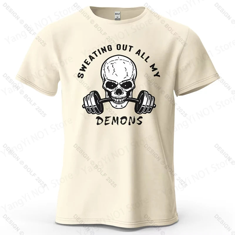 Fitness Skull Motivated Printed Men's T-Shirt 100% Cotton Oversized Gym Graphic Tees for Women Tops Tees Casual Streetwear T