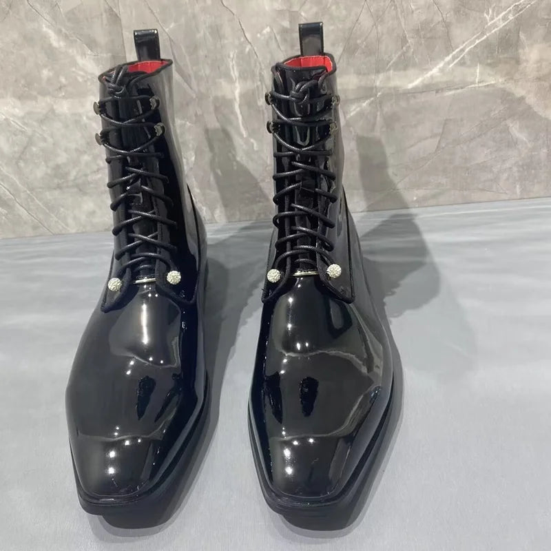 BRITISH NOIR - Men's Waterproof Patent Leather Lace-Up Boots - Handmade, Round Toe, Winter