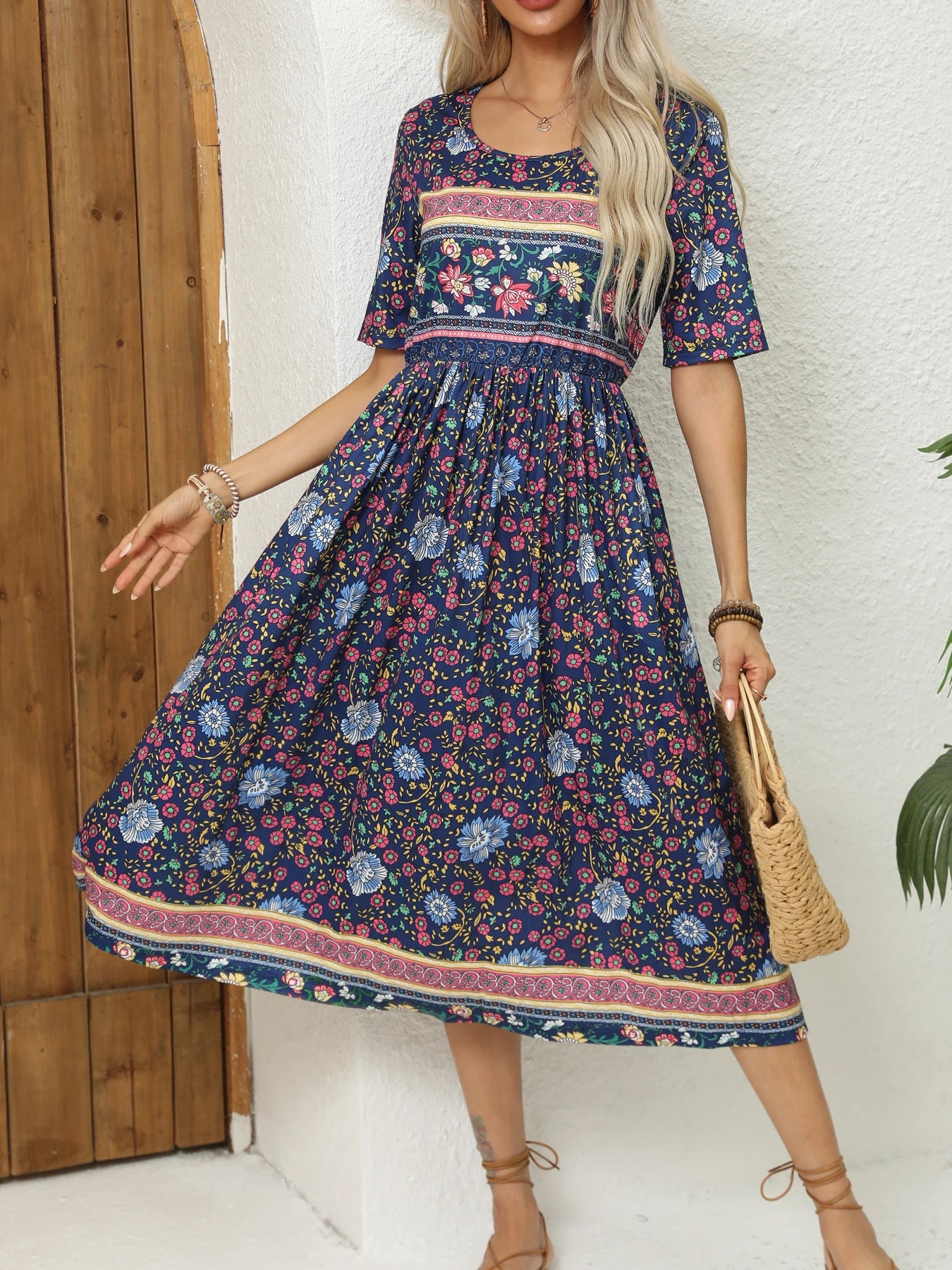2024 Europe and America autumn ladies round neck short sleeve long skirt Bohemian print dress woman