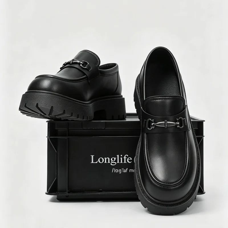 SLIP CHIEF - Men's Height-Increase Slip-On Loafers - Waterproof Split Leather Business Casual Shoes in Black & Bright Black