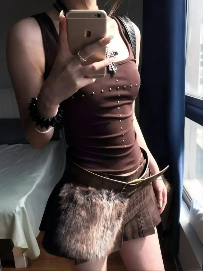 Brown Beading Vintage Clothing Y2k Tank Tops Women 2000s Clothes Fashion Sport Sleeveless T-shirt Slim Fitted Basic Tees