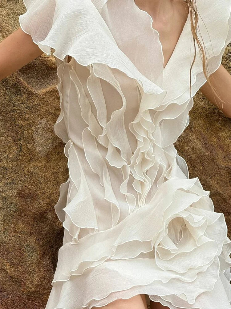 TLIT Elegant Women's Dress Flounce Irregular Gauze Mini Slash Neck Solid Color Evening Party Dresses 2025 Spring New SK1423