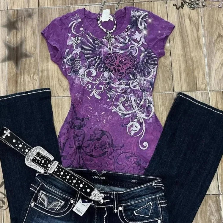Gothic Subculture Skull Graphic Print T-Shirts Women Y2k Vintage High Street Short Sleeve Tees Harajuku Punk Grunge Fashion Tops