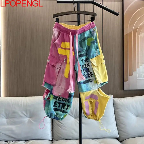 Personality Hip Hop Patchwork Pockets Women's Jeans Spring And Summer New Drawstring Ripped Streetwear Straight Leg Harem Pants