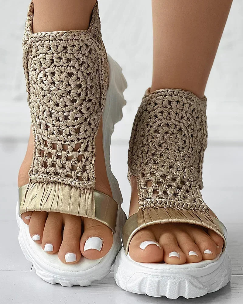 Hot Seller Gold Knitted Sandals for Women Braided Elastic Summer Shoe Mesh Flat Bottom Hollow Out Female Sandals Sandalias Mujer