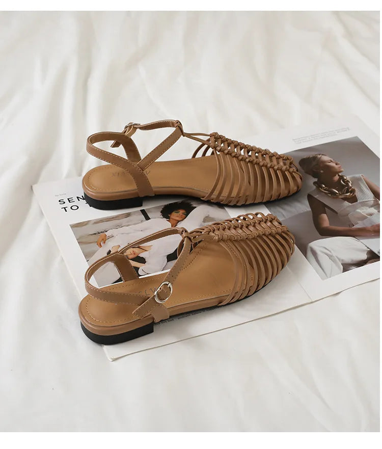 Band Flat Sandals Women Summer Round Toe Ankle Buckle Hollow Roman Sandal Plus Size Beach Shoe