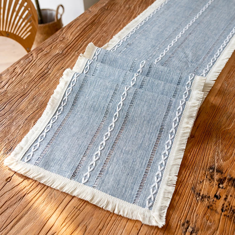 Farmhouse Table Runner Grey Blue 13x72 Inch Cotton Linen Embroidered Striped Boho Wedding Party Rustic Home Christmas Decoration