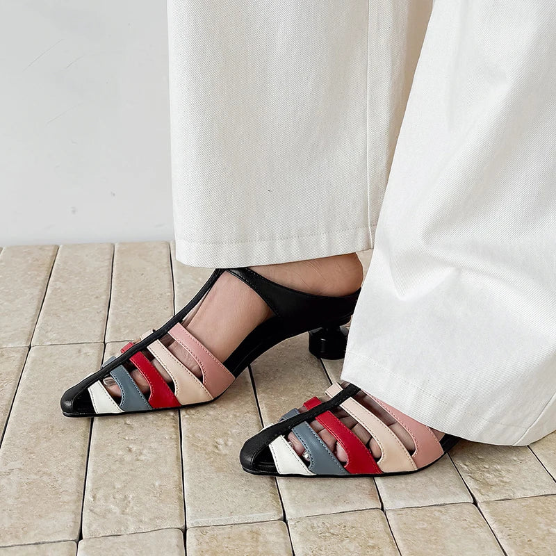 2026 New Summer Slippers Pointed Toe Women Shoes Fashion Hollow-out Mules High Heels Ladies Shoes Handmade Women's Slippers