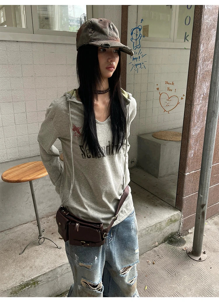 Genayooa Vintage Graphic Tops Women Long Sleeve Y2k Japanese T Shirt With Hooded Streetwear American Retro Grunge Tops E-girls