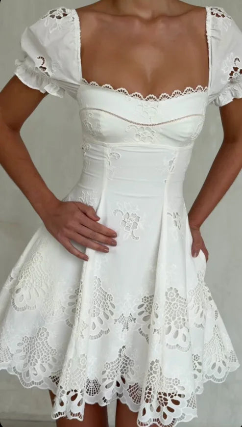 Chic Lady Solid Lace A-line Mini Dress Women Short Bubble Sleeve Square Neck Hollow Out Pleated Dresses 2026 Holiday Beach Robes