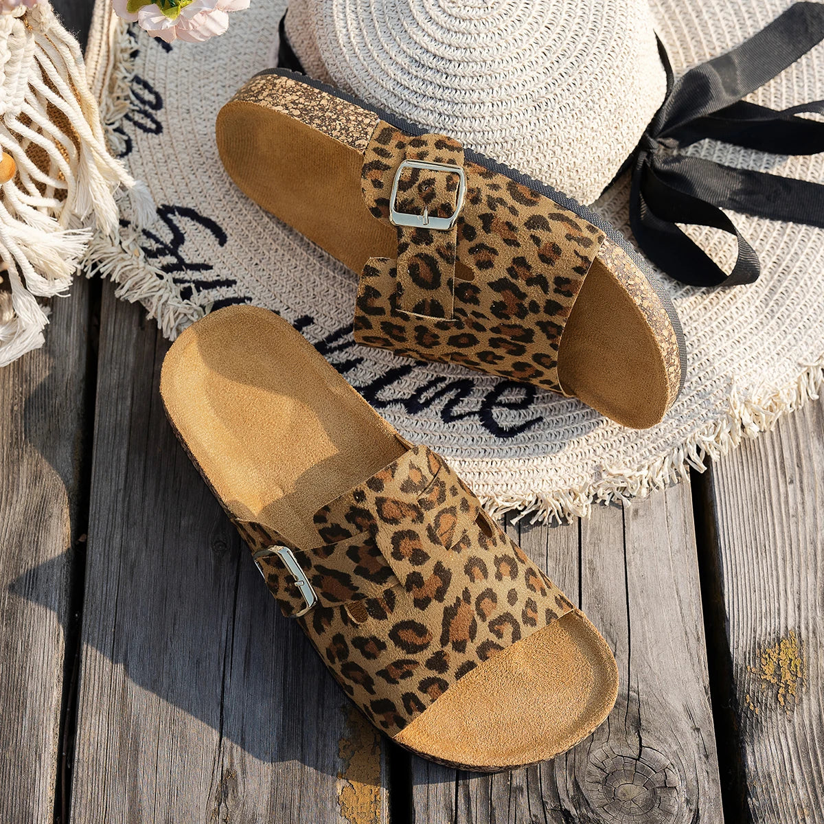 SJSP Women's Leopard Print Flat Sandals Buckle Strap
