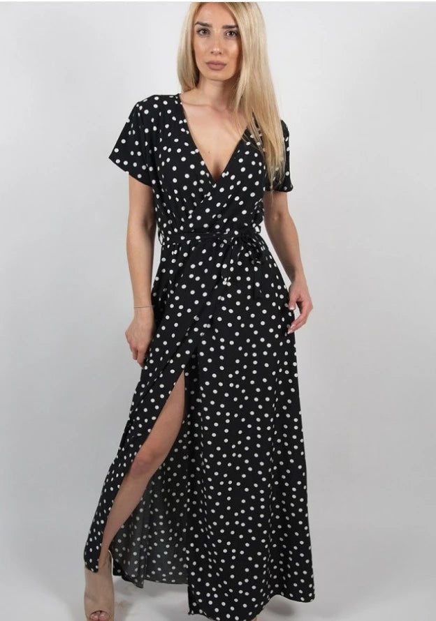 1pc Colorful Polka Dot Printed Maxi Dresses Women Summer V-Neck Short Sleeved Slit Long Dress Robe