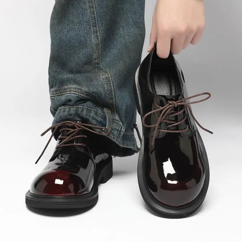 GLOSS BOSS - Men's Patent Leather Derby Shoes - Thick-Sole Lace-Up Casual Dress Shoes in Black & Burgundy
