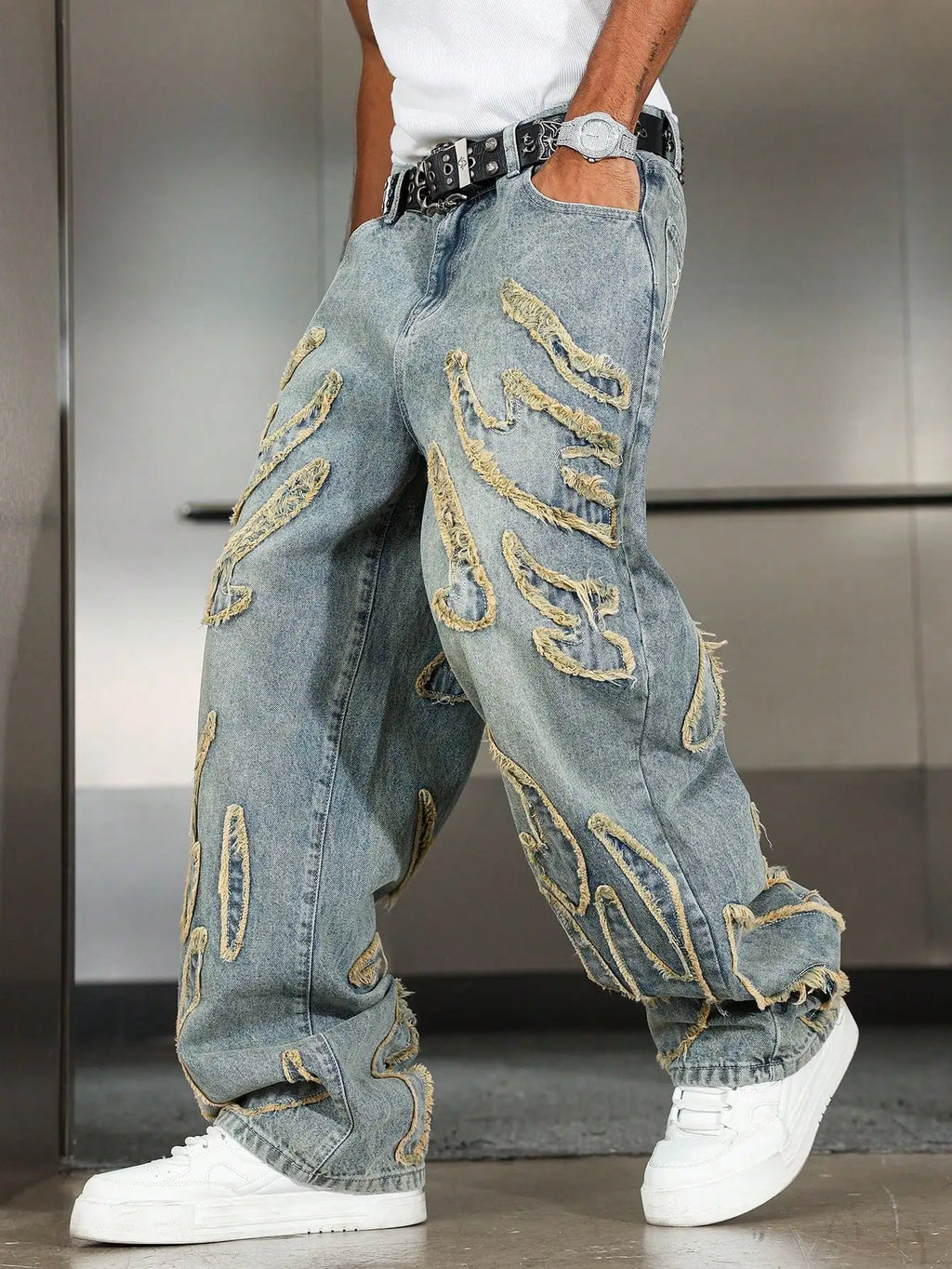 Men's Patchwork Frayed Denim Jeans - Wide Leg Streetwear - Embroidered High Street