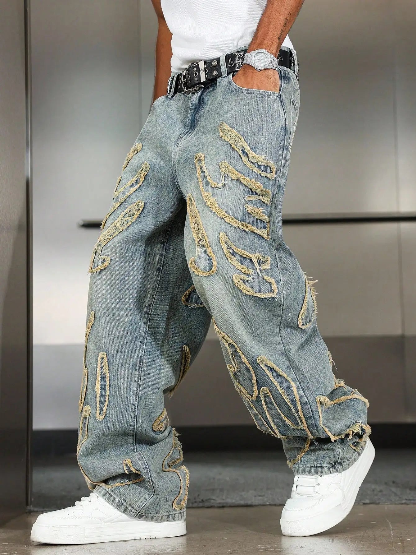 Men's Patchwork Frayed Denim Jeans - Wide Leg Streetwear - Embroidered High Street