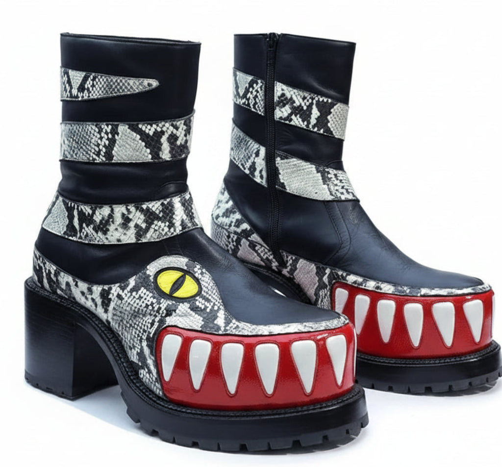 THUNDER FANG - Artisan Monster Boots - Lightning Bolt & Tooth Sole, Multi-Color Chunky Heel